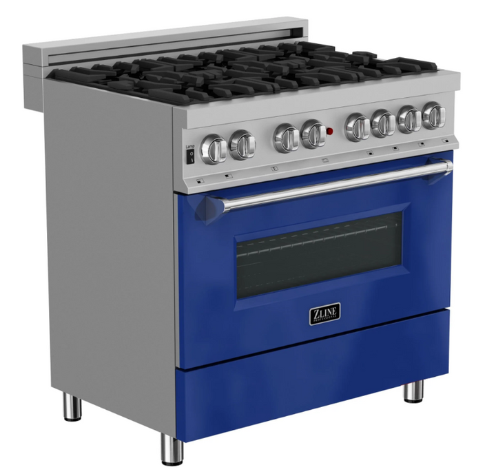 Professional Dual Fuel Range in Snow Stainless with Blue Gloss Door (RAS-BG-36)  ZLINE 36 in.