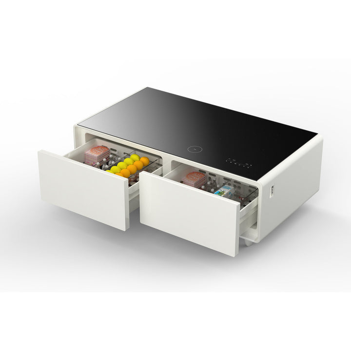 Forno Evoluto Tavolo 51-Inch White Smart Coffee Table – Dual Refrigerator Drawers, Bluetooth 5.0 Audio, Wireless Charging &amp; RGB Ambient Light