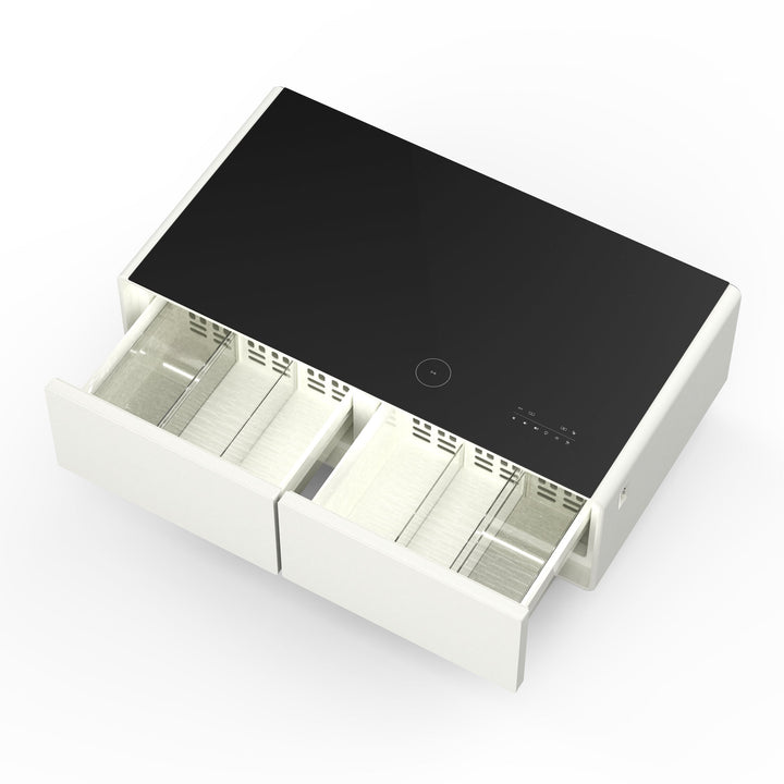 Forno Evoluto Tavolo 51-Inch White Smart Coffee Table – Dual Refrigerator Drawers, Bluetooth 5.0 Audio, Wireless Charging &amp; RGB Ambient Light
