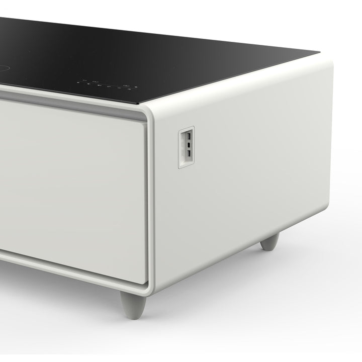 Forno Evoluto Tavolo 51-Inch White Smart Coffee Table – Dual Refrigerator Drawers, Bluetooth 5.0 Audio, Wireless Charging &amp; RGB Ambient Light