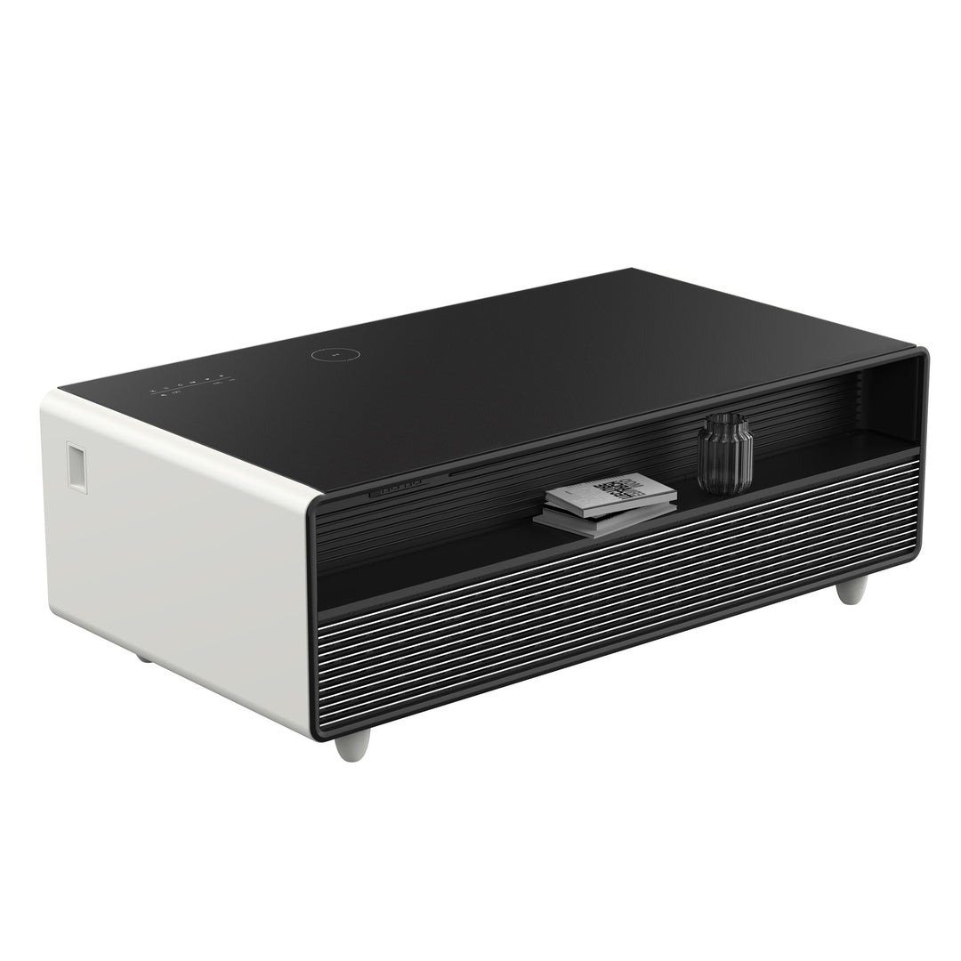Forno Evoluto Tavolo 51-Inch White Smart Coffee Table – Dual Refrigerator Drawers, Bluetooth 5.0 Audio, Wireless Charging &amp; RGB Ambient Light