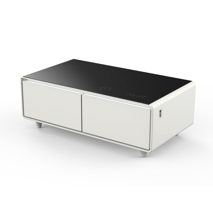 Forno Evoluto Tavolo 51-Inch White Smart Coffee Table – Dual Refrigerator Drawers, Bluetooth 5.0 Audio, Wireless Charging &amp; RGB Ambient Light