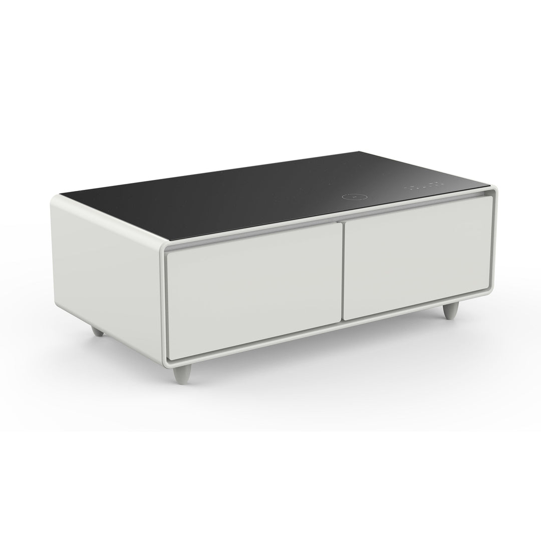 Forno Evoluto Tavolo 51-Inch White Smart Coffee Table – Dual Refrigerator Drawers, Bluetooth 5.0 Audio, Wireless Charging &amp; RGB Ambient Light