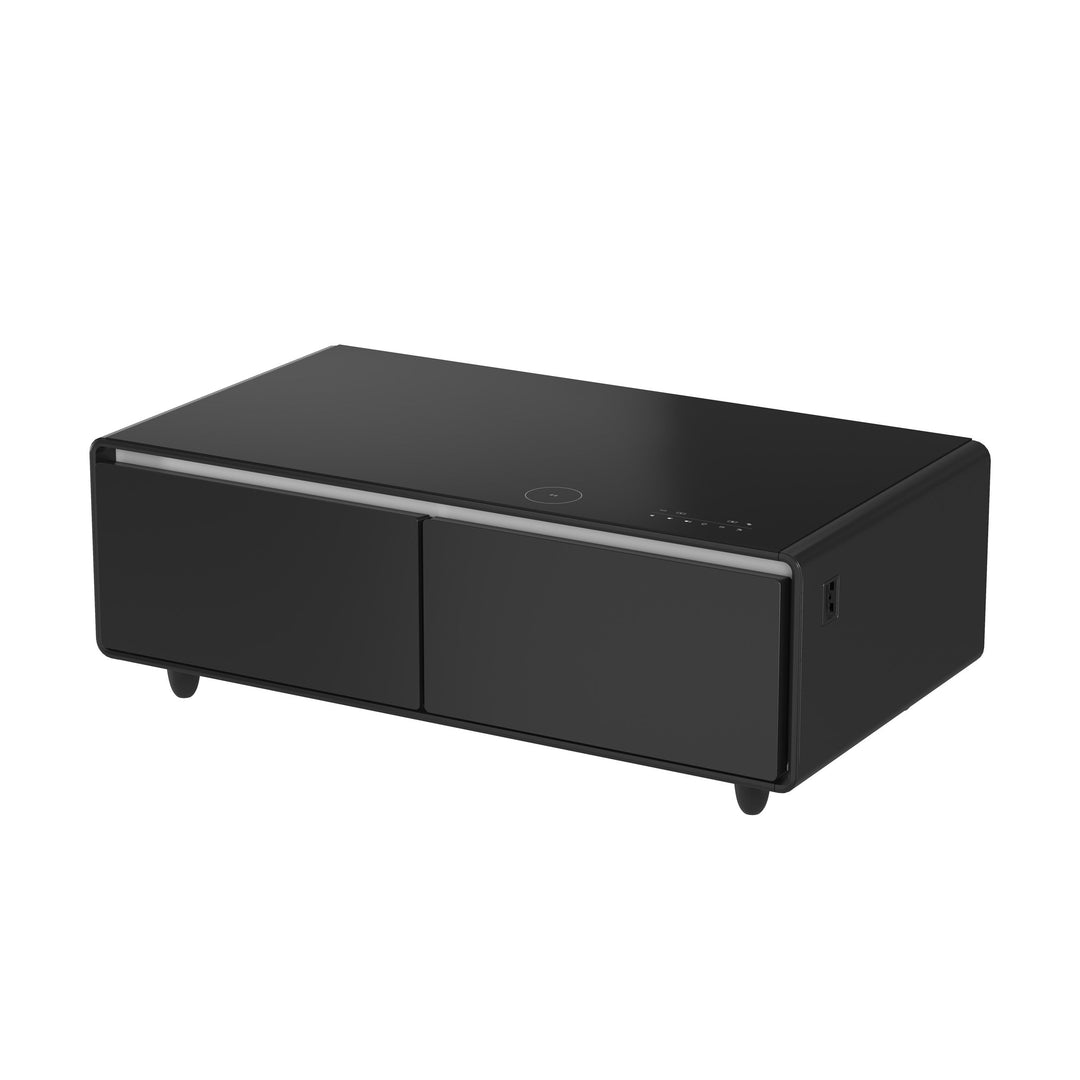Forno Evoluto Tavolo 51-Inch Black Smart Coffee Table – Dual Refrigerator Drawers, Bluetooth 5.0 Audio, Wireless Charging &amp; RGB Ambient Light
