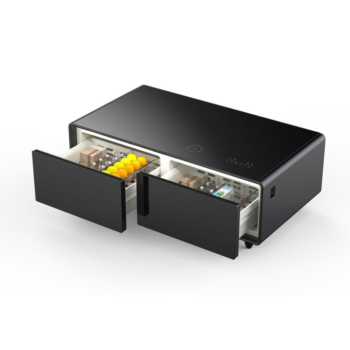 Forno Evoluto Tavolo 51-Inch Black Smart Coffee Table – Dual Refrigerator Drawers, Bluetooth 5.0 Audio, Wireless Charging &amp; RGB Ambient Light
