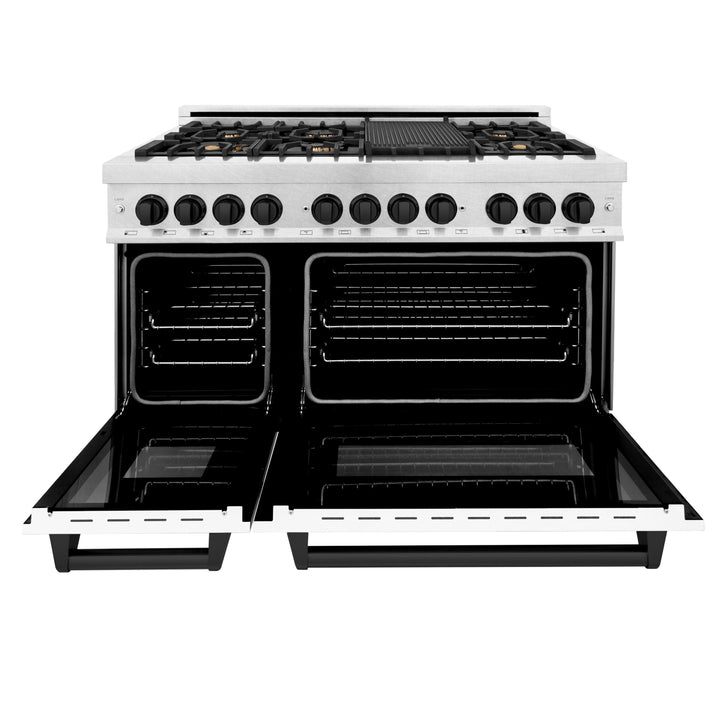 ZLINE Autograph Edition 48 in. 6.0 cu. ft. Range, Gas Stove/Electric Oven in DuraSnow® with White Matte Door, Matte Black Accents, RASZ-WM-48-MB