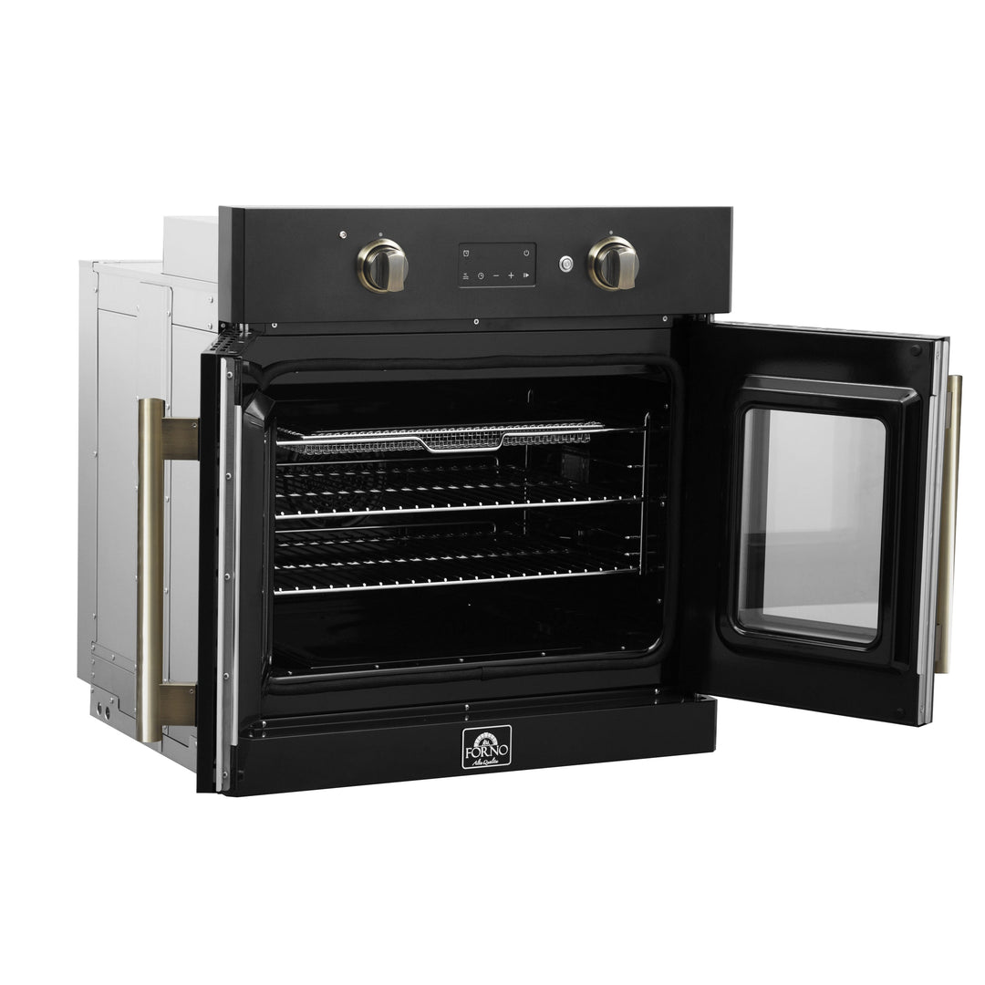 Forno Asti 30-Inch French Door Electric Wall Oven in Black &amp; Antique Brass, 3.68 cu. ft. True Convection, 3,600W, Air Fry, Sous Vide, Self-Clean