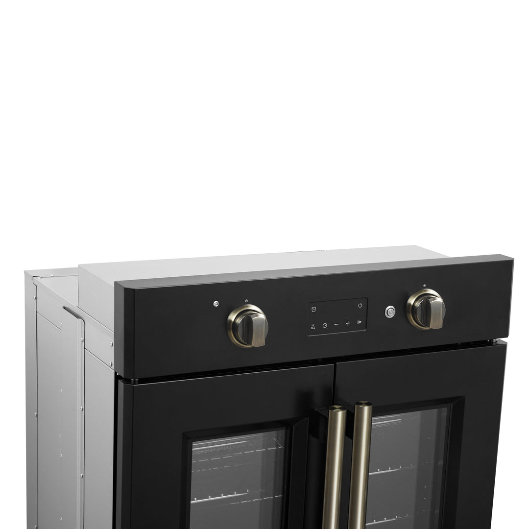Forno Asti 30-Inch French Door Electric Wall Oven in Black &amp; Antique Brass, 3.68 cu. ft. True Convection, 3,600W, Air Fry, Sous Vide, Self-Clean