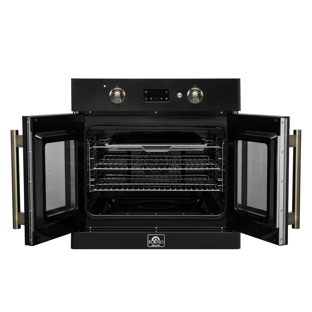 Forno Asti 30-Inch French Door Electric Wall Oven in Black &amp; Antique Brass, 3.68 cu. ft. True Convection, 3,600W, Air Fry, Sous Vide, Self-Clean