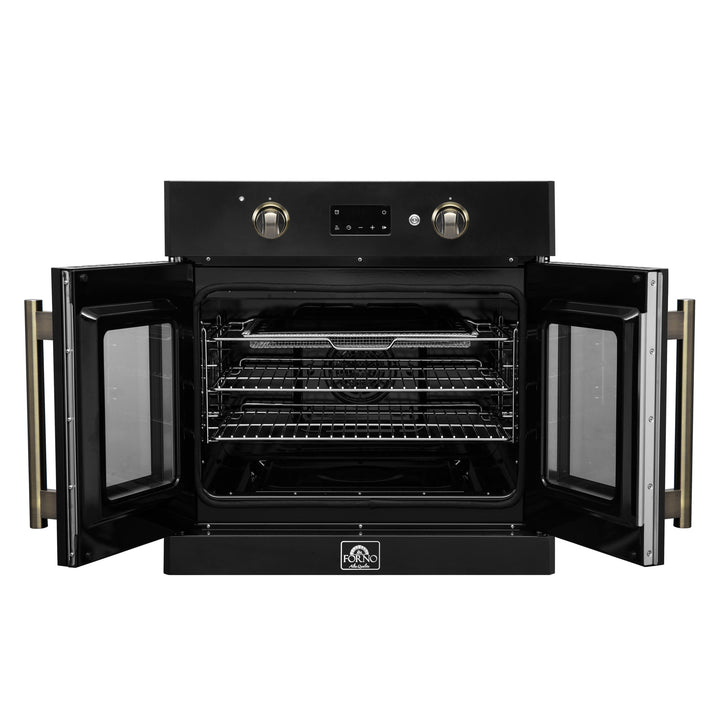 Forno Asti 30-Inch French Door Electric Wall Oven in Black &amp; Antique Brass, 3.68 cu. ft. True Convection, 3,600W, Air Fry, Sous Vide, Self-Clean