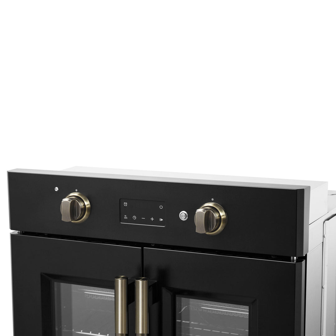 Forno Asti 30-Inch French Door Electric Wall Oven in Black &amp; Antique Brass, 3.68 cu. ft. True Convection, 3,600W, Air Fry, Sous Vide, Self-Clean