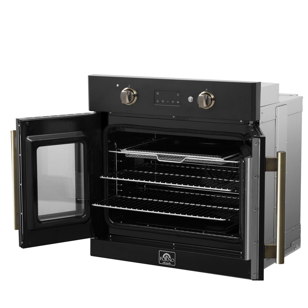 Forno Asti 30-Inch French Door Electric Wall Oven in Black &amp; Antique Brass, 3.68 cu. ft. True Convection, 3,600W, Air Fry, Sous Vide, Self-Clean