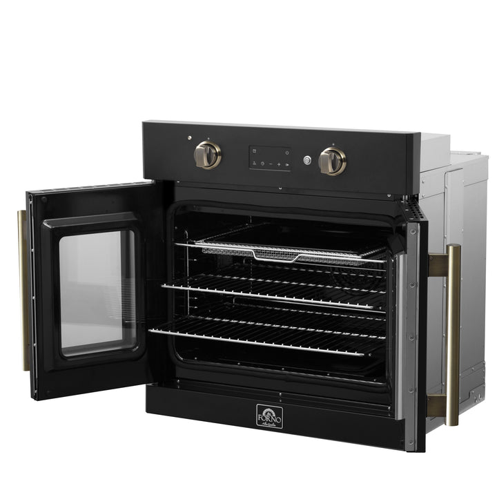 Forno Asti 30-Inch French Door Electric Wall Oven in Black &amp; Antique Brass, 3.68 cu. ft. True Convection, 3,600W, Air Fry, Sous Vide, Self-Clean