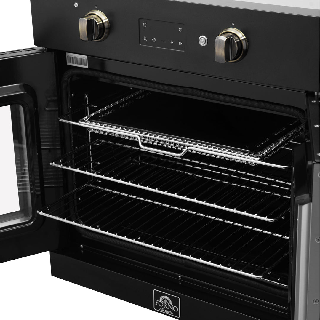 Forno Asti 30-Inch French Door Electric Wall Oven in Black &amp; Antique Brass, 3.68 cu. ft. True Convection, 3,600W, Air Fry, Sous Vide, Self-Clean