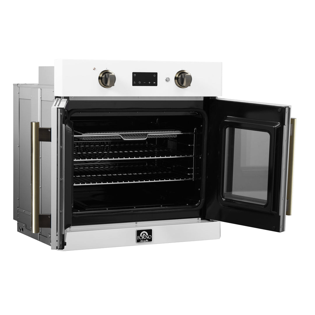 Forno Asti 30-Inch French Door Electric Wall Oven in White &amp; Antique Brass, 3.68 cu. ft. True Convection, 3,600W, Air Fry, Sous Vide, Self-Clean