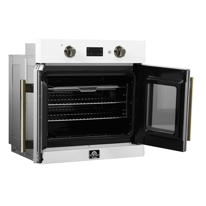 Forno Asti 30-Inch French Door Electric Wall Oven in White &amp; Antique Brass, 3.68 cu. ft. True Convection, 3,600W, Air Fry, Sous Vide, Self-Clean