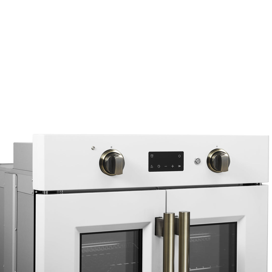 Forno Asti 30-Inch French Door Electric Wall Oven in White &amp; Antique Brass, 3.68 cu. ft. True Convection, 3,600W, Air Fry, Sous Vide, Self-Clean