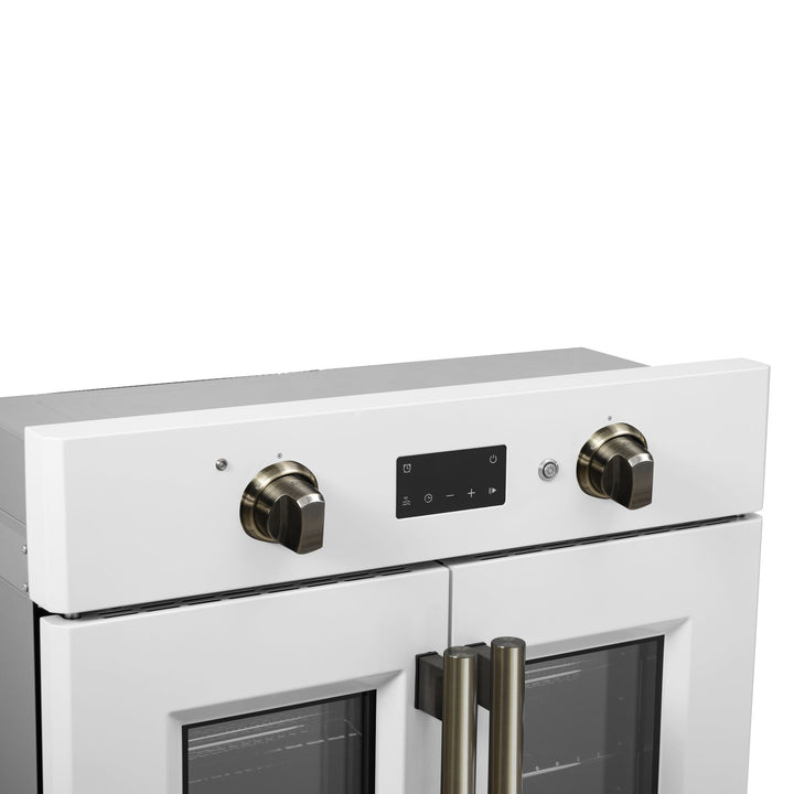 Forno Asti 30-Inch French Door Electric Wall Oven in White &amp; Antique Brass, 3.68 cu. ft. True Convection, 3,600W, Air Fry, Sous Vide, Self-Clean