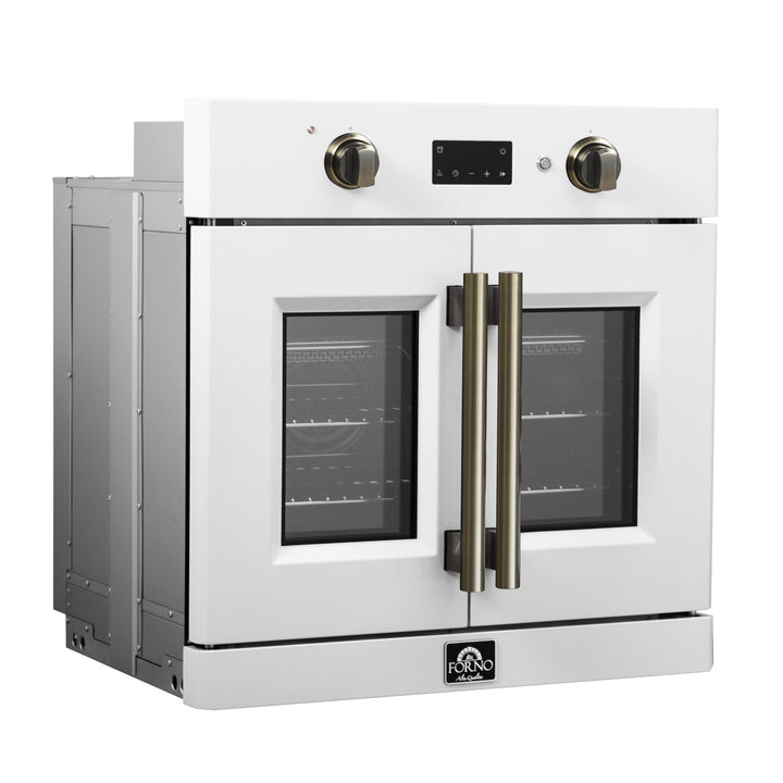 Forno Asti 30-Inch French Door Electric Wall Oven in White &amp; Antique Brass, 3.68 cu. ft. True Convection, 3,600W, Air Fry, Sous Vide, Self-Clean