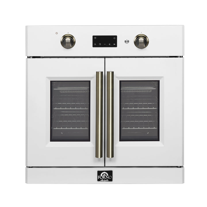 Forno Asti 30-Inch French Door Electric Wall Oven in White &amp; Antique Brass, 3.68 cu. ft. True Convection, 3,600W, Air Fry, Sous Vide, Self-Clean
