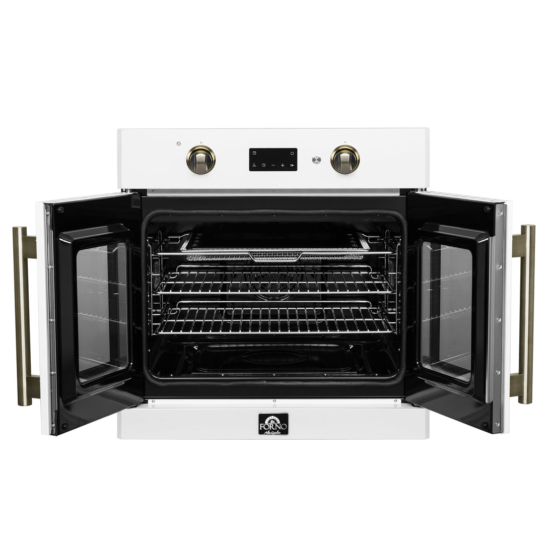 Forno Asti 30-Inch French Door Electric Wall Oven in White &amp; Antique Brass, 3.68 cu. ft. True Convection, 3,600W, Air Fry, Sous Vide, Self-Clean