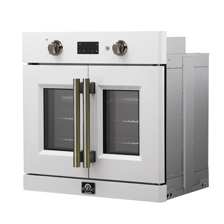 Forno Asti 30-Inch French Door Electric Wall Oven in White &amp; Antique Brass, 3.68 cu. ft. True Convection, 3,600W, Air Fry, Sous Vide, Self-Clean