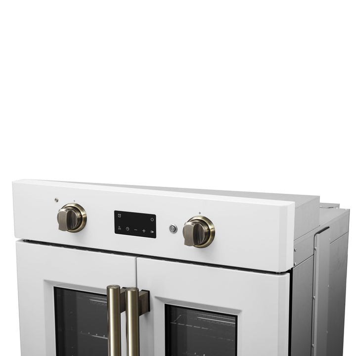 Forno Asti 30-Inch French Door Electric Wall Oven in White &amp; Antique Brass, 3.68 cu. ft. True Convection, 3,600W, Air Fry, Sous Vide, Self-Clean