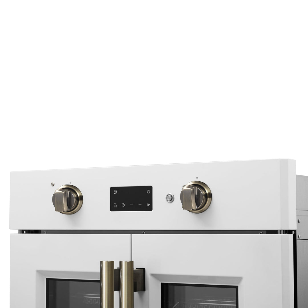 Forno Asti 30-Inch French Door Electric Wall Oven in White &amp; Antique Brass, 3.68 cu. ft. True Convection, 3,600W, Air Fry, Sous Vide, Self-Clean