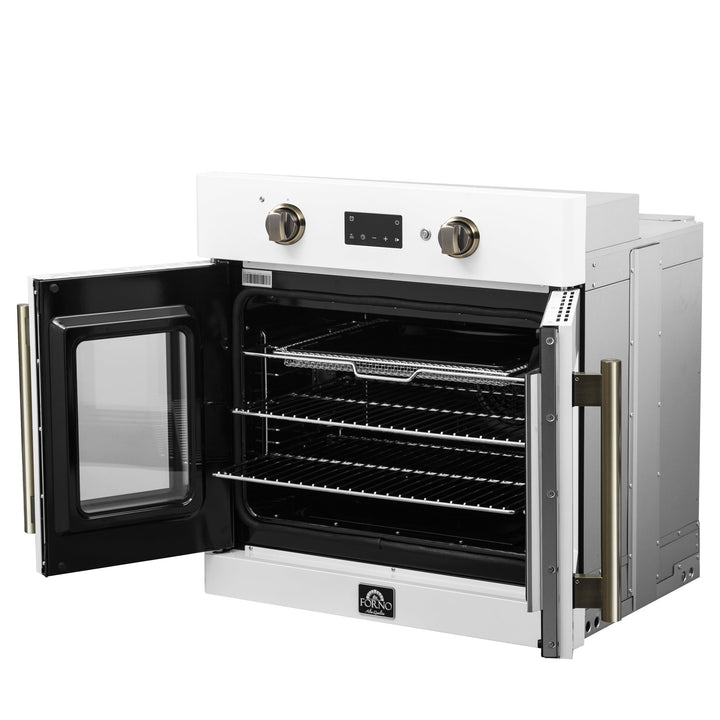Forno Asti 30-Inch French Door Electric Wall Oven in White &amp; Antique Brass, 3.68 cu. ft. True Convection, 3,600W, Air Fry, Sous Vide, Self-Clean