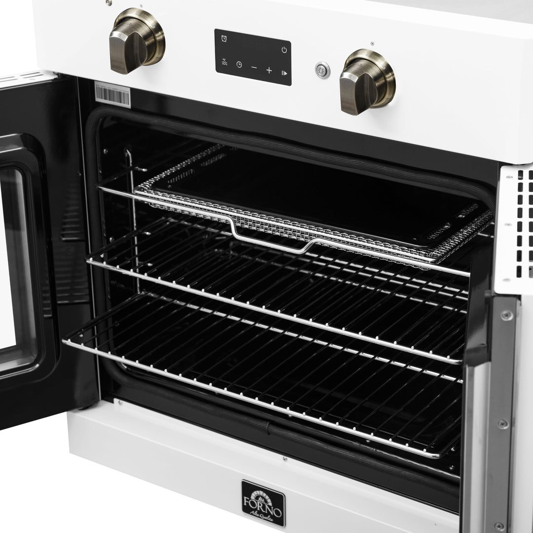 Forno Asti 30-Inch French Door Electric Wall Oven in White &amp; Antique Brass, 3.68 cu. ft. True Convection, 3,600W, Air Fry, Sous Vide, Self-Clean