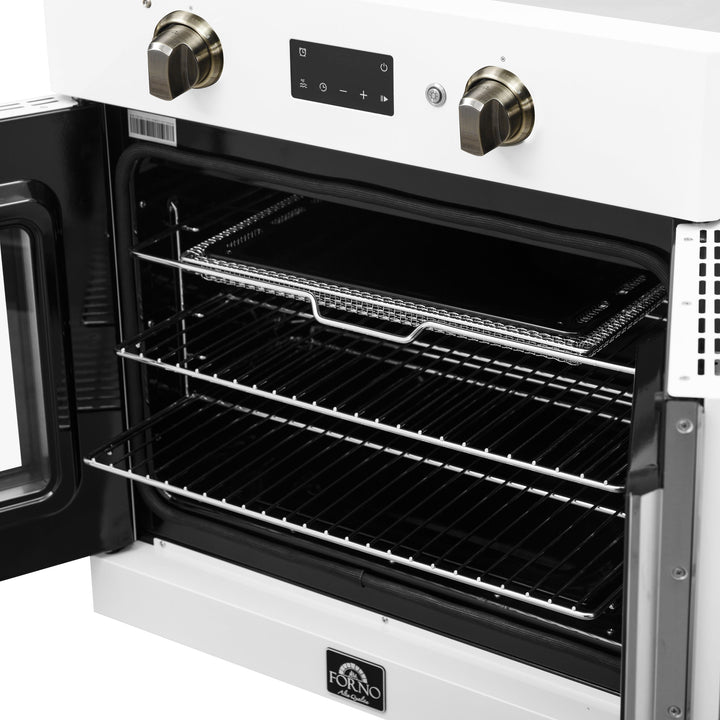 Forno Asti 30-Inch French Door Electric Wall Oven in White &amp; Antique Brass, 3.68 cu. ft. True Convection, 3,600W, Air Fry, Sous Vide, Self-Clean