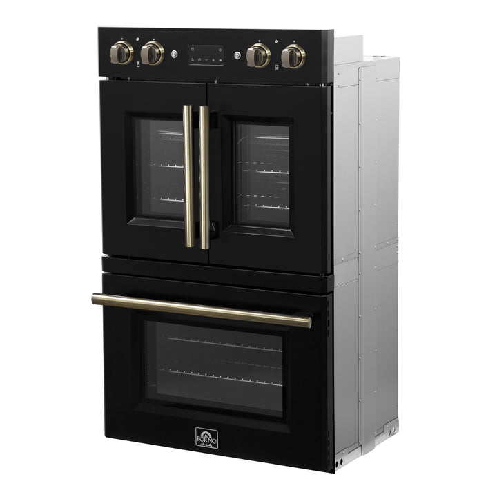 Forno Asti 30-Inch Double Electric Wall Oven with Upper French Doors in Black &amp; Antique Brass, 7.36 cu. ft. Dual True Convection, 7,200W, Air Fry, Sous Vide, Self-Clean