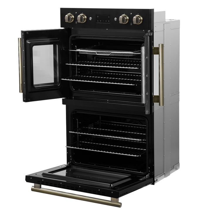 Forno Asti 30-Inch Double Electric Wall Oven with Upper French Doors in Black &amp; Antique Brass, 7.36 cu. ft. Dual True Convection, 7,200W, Air Fry, Sous Vide, Self-Clean