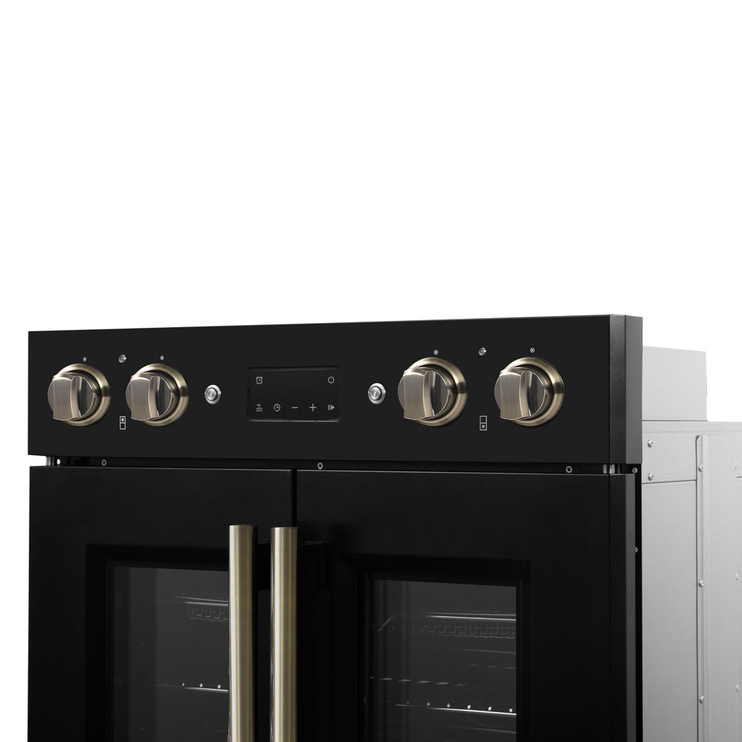 Forno Asti 30-Inch Double Electric Wall Oven with Upper French Doors in Black &amp; Antique Brass, 7.36 cu. ft. Dual True Convection, 7,200W, Air Fry, Sous Vide, Self-Clean