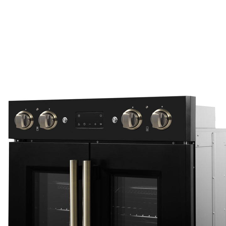 Forno Asti 30-Inch Double Electric Wall Oven with Upper French Doors in Black &amp; Antique Brass, 7.36 cu. ft. Dual True Convection, 7,200W, Air Fry, Sous Vide, Self-Clean