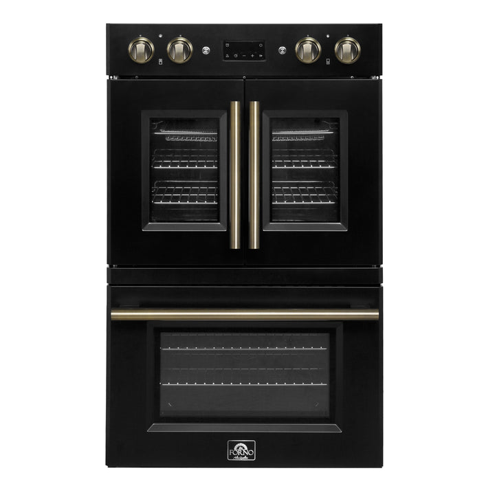 Forno Asti 30-Inch Double Electric Wall Oven with Upper French Doors in Black &amp; Antique Brass, 7.36 cu. ft. Dual True Convection, 7,200W, Air Fry, Sous Vide, Self-Clean