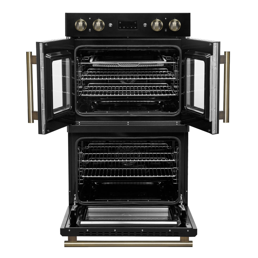 Forno Asti 30-Inch Double Electric Wall Oven with Upper French Doors in Black &amp; Antique Brass, 7.36 cu. ft. Dual True Convection, 7,200W, Air Fry, Sous Vide, Self-Clean