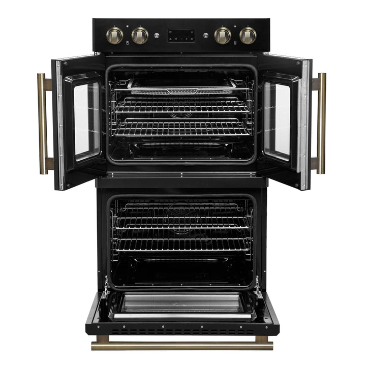 Forno Asti 30-Inch Double Electric Wall Oven with Upper French Doors in Black &amp; Antique Brass, 7.36 cu. ft. Dual True Convection, 7,200W, Air Fry, Sous Vide, Self-Clean