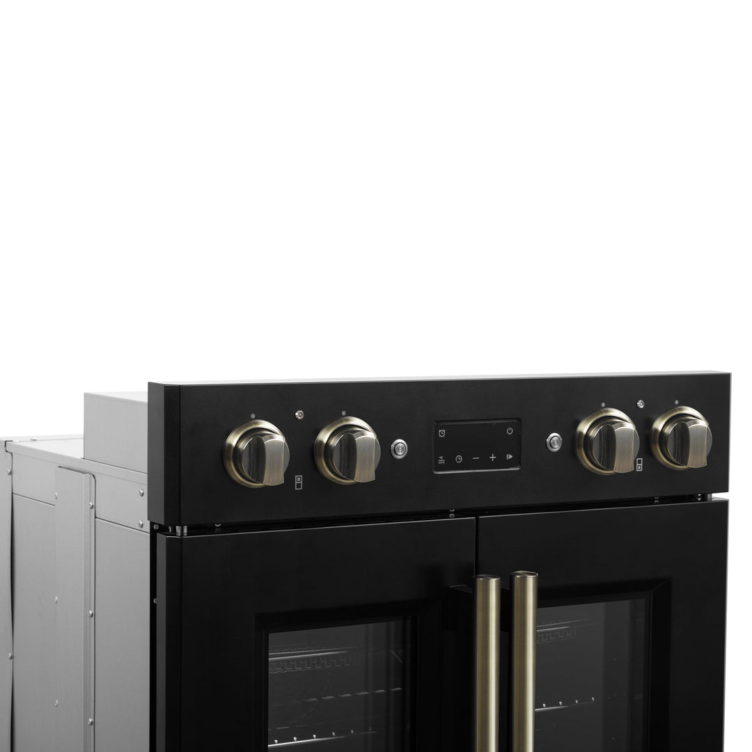 Forno Asti 30-Inch Double Electric Wall Oven with Upper French Doors in Black &amp; Antique Brass, 7.36 cu. ft. Dual True Convection, 7,200W, Air Fry, Sous Vide, Self-Clean