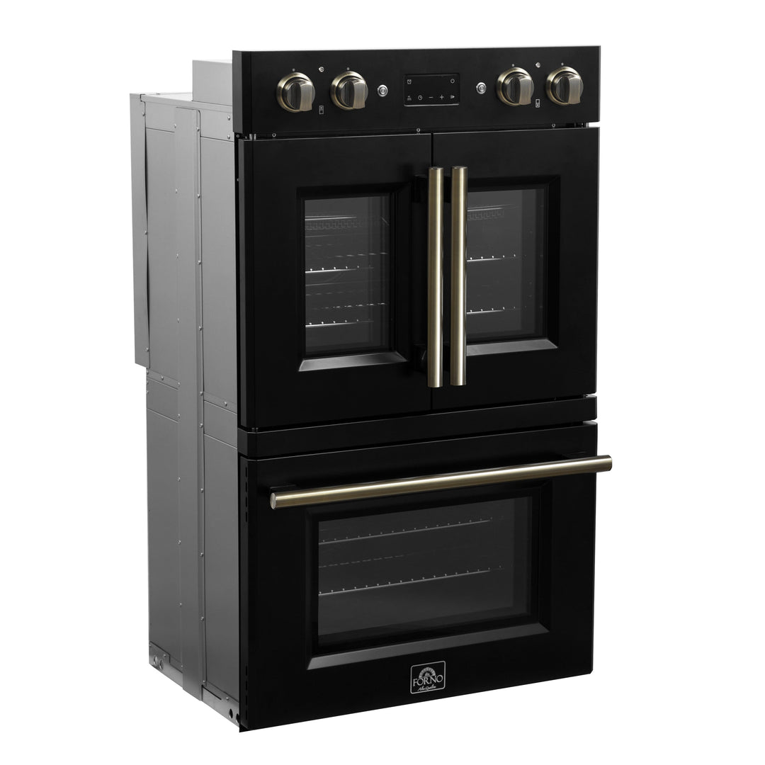 Forno Asti 30-Inch Double Electric Wall Oven with Upper French Doors in Black &amp; Antique Brass, 7.36 cu. ft. Dual True Convection, 7,200W, Air Fry, Sous Vide, Self-Clean