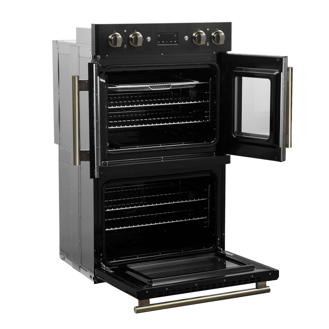 Forno Asti 30-Inch Double Electric Wall Oven with Upper French Doors in Black &amp; Antique Brass, 7.36 cu. ft. Dual True Convection, 7,200W, Air Fry, Sous Vide, Self-Clean