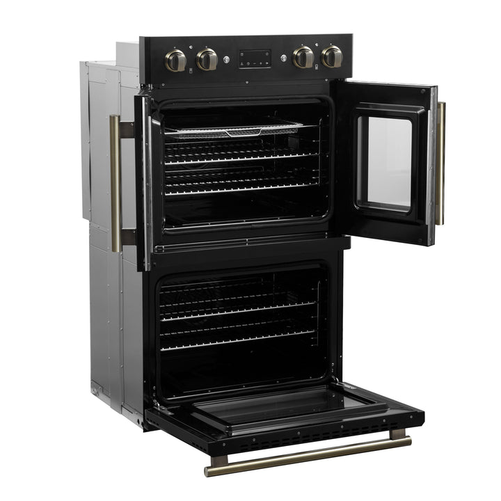 Forno Asti 30-Inch Double Electric Wall Oven with Upper French Doors in Black &amp; Antique Brass, 7.36 cu. ft. Dual True Convection, 7,200W, Air Fry, Sous Vide, Self-Clean