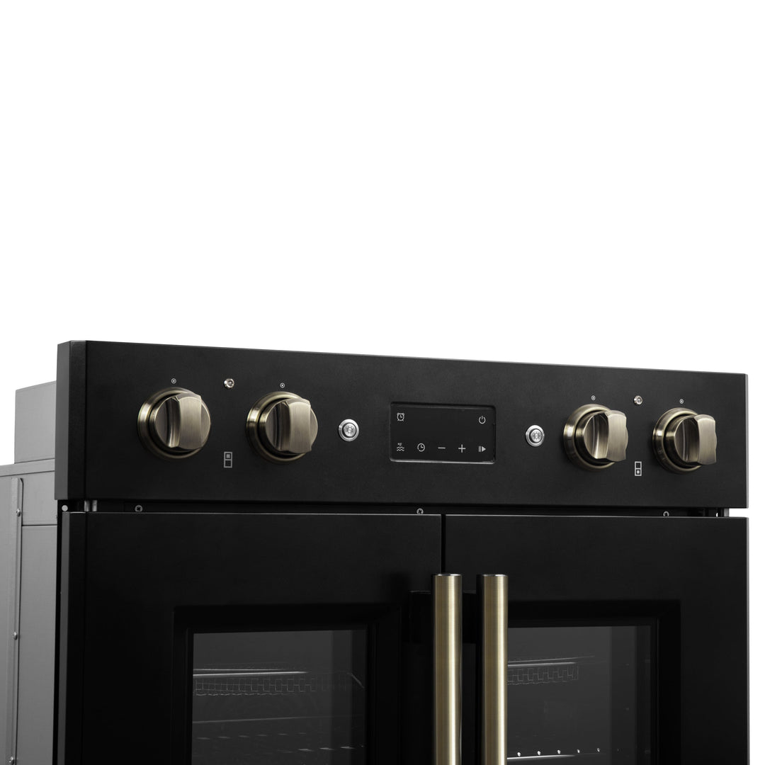 Forno Asti 30-Inch Double Electric Wall Oven with Upper French Doors in Black &amp; Antique Brass, 7.36 cu. ft. Dual True Convection, 7,200W, Air Fry, Sous Vide, Self-Clean