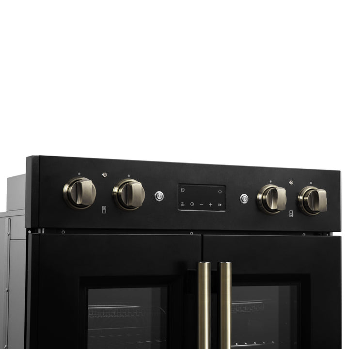 Forno Asti 30-Inch Double Electric Wall Oven with Upper French Doors in Black &amp; Antique Brass, 7.36 cu. ft. Dual True Convection, 7,200W, Air Fry, Sous Vide, Self-Clean