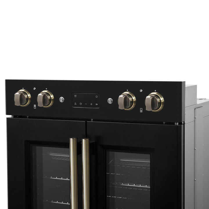 Forno Asti 30-Inch Double Electric Wall Oven with Upper French Doors in Black &amp; Antique Brass, 7.36 cu. ft. Dual True Convection, 7,200W, Air Fry, Sous Vide, Self-Clean