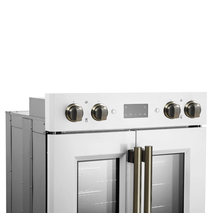 Forno Asti 30-Inch Double Electric Wall Oven with Upper French Doors in White &amp; Antique Brass, 7.36 cu. ft. Dual True Convection, 7,200W, Air Fry, Sous Vide, Self-Clean