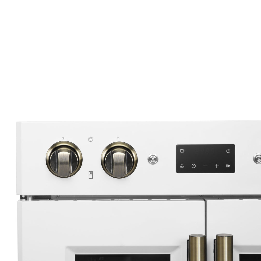 Forno Asti 30-Inch Double Electric Wall Oven with Upper French Doors in White &amp; Antique Brass, 7.36 cu. ft. Dual True Convection, 7,200W, Air Fry, Sous Vide, Self-Clean