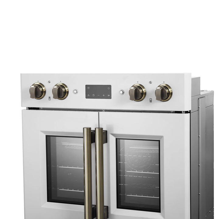 Forno Asti 30-Inch Double Electric Wall Oven with Upper French Doors in White &amp; Antique Brass, 7.36 cu. ft. Dual True Convection, 7,200W, Air Fry, Sous Vide, Self-Clean