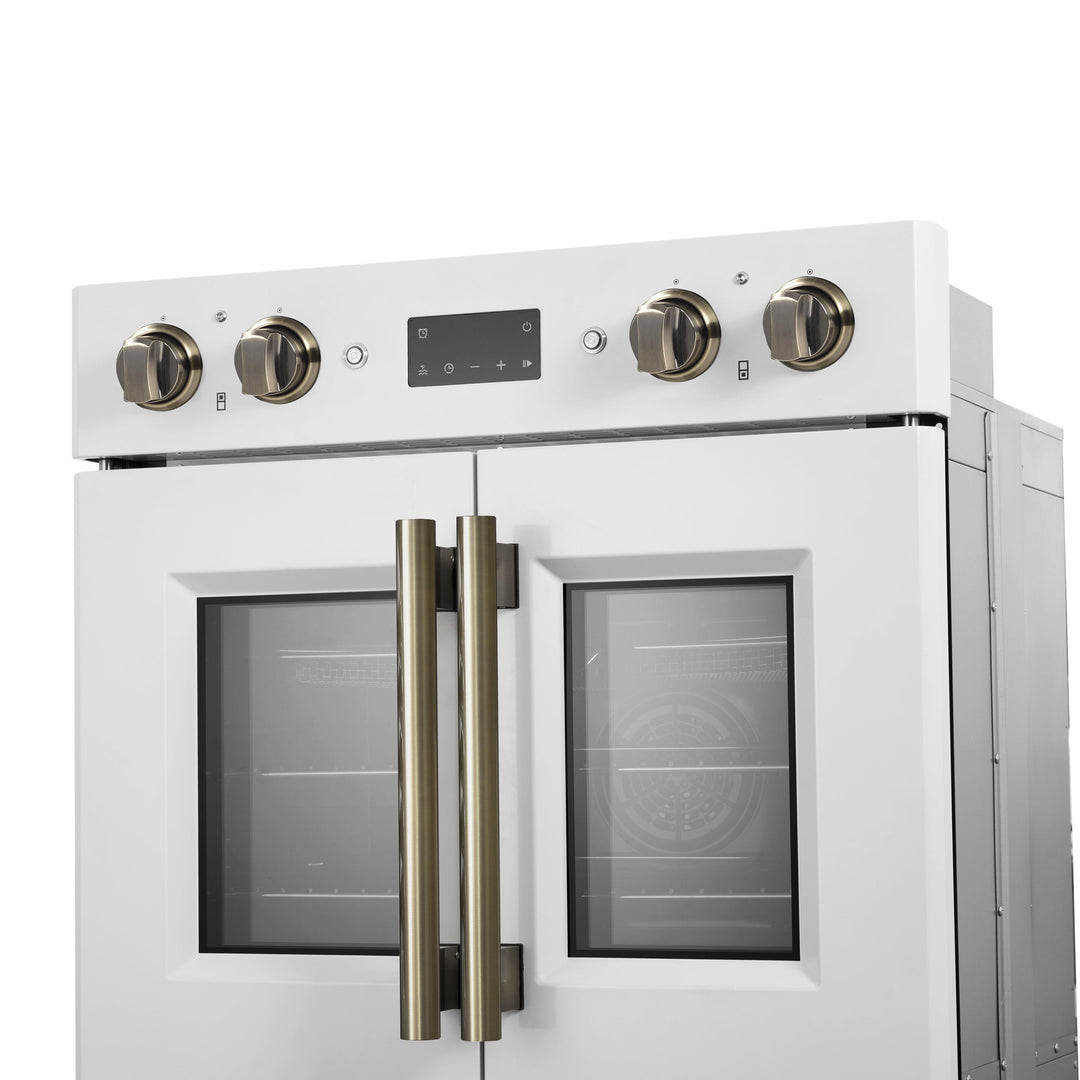 Forno Asti 30-Inch Double Electric Wall Oven with Upper French Doors in White &amp; Antique Brass, 7.36 cu. ft. Dual True Convection, 7,200W, Air Fry, Sous Vide, Self-Clean