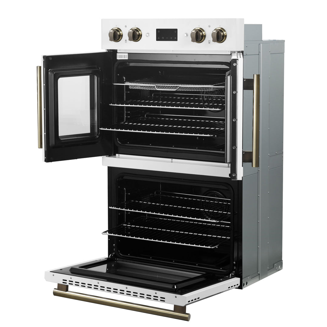 Forno Asti 30-Inch Double Electric Wall Oven with Upper French Doors in White &amp; Antique Brass, 7.36 cu. ft. Dual True Convection, 7,200W, Air Fry, Sous Vide, Self-Clean